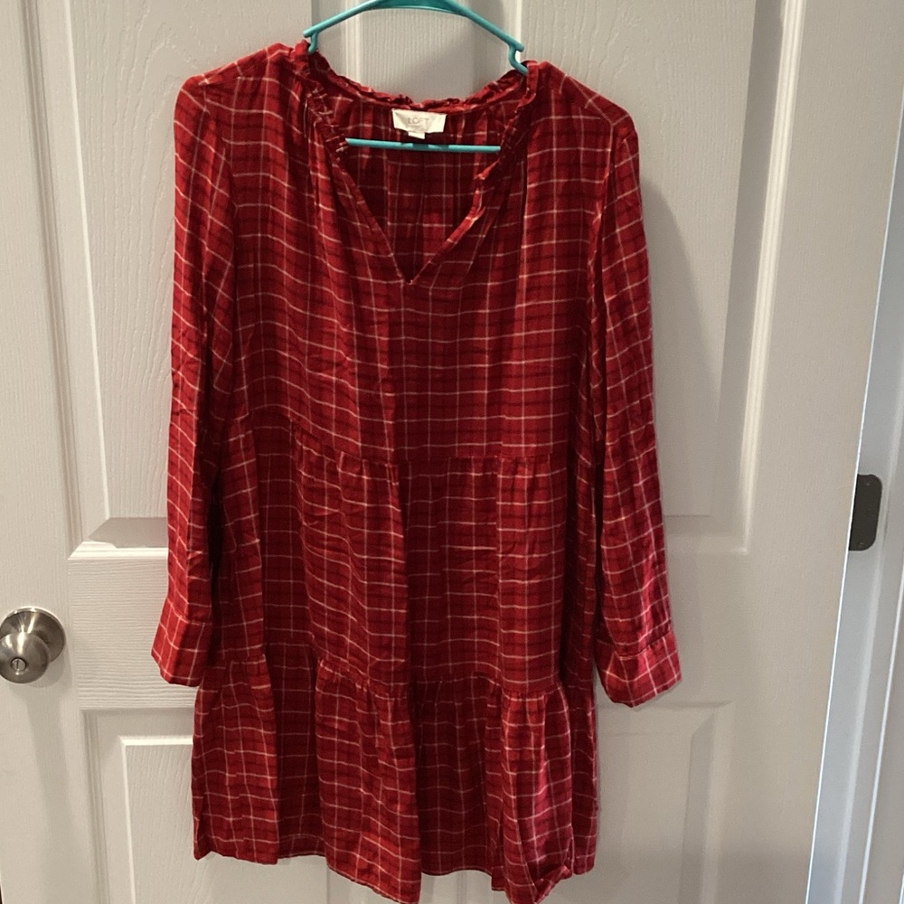 LOFT RED PLAID RUFFLE DRESS